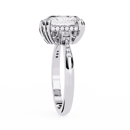 Radiant Cut Lab Grown Diamond Three Stone Engagement Ring with Round Side Stones and Pave Band