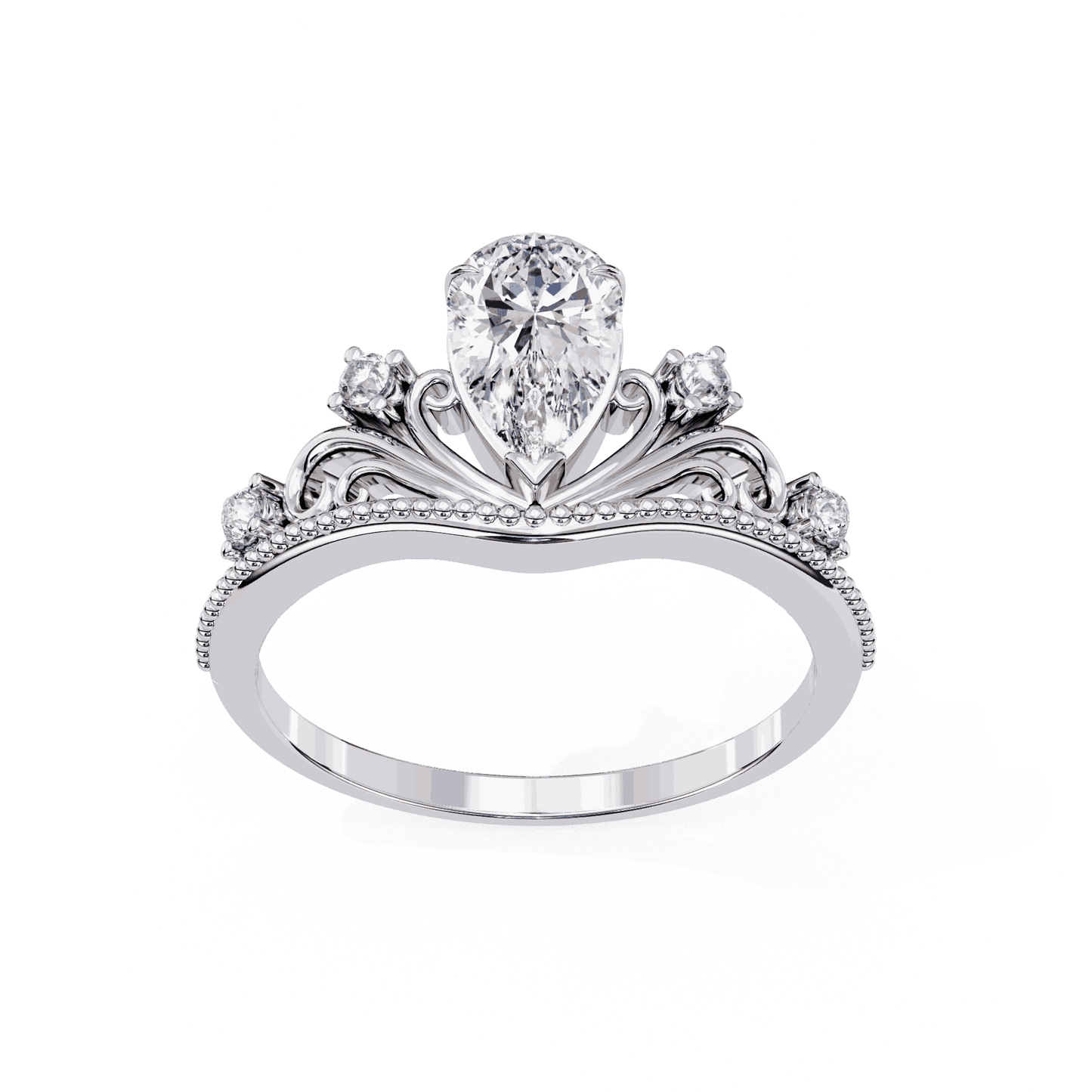 Pear Cut Lab Grown Diamond Side Stone Engagement Ring with Tiara Crown Filigree Band