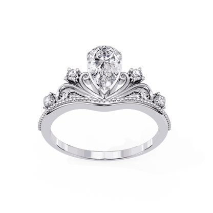 Pear Cut Lab Grown Diamond Side Stone Engagement Ring with Tiara Crown Filigree Band