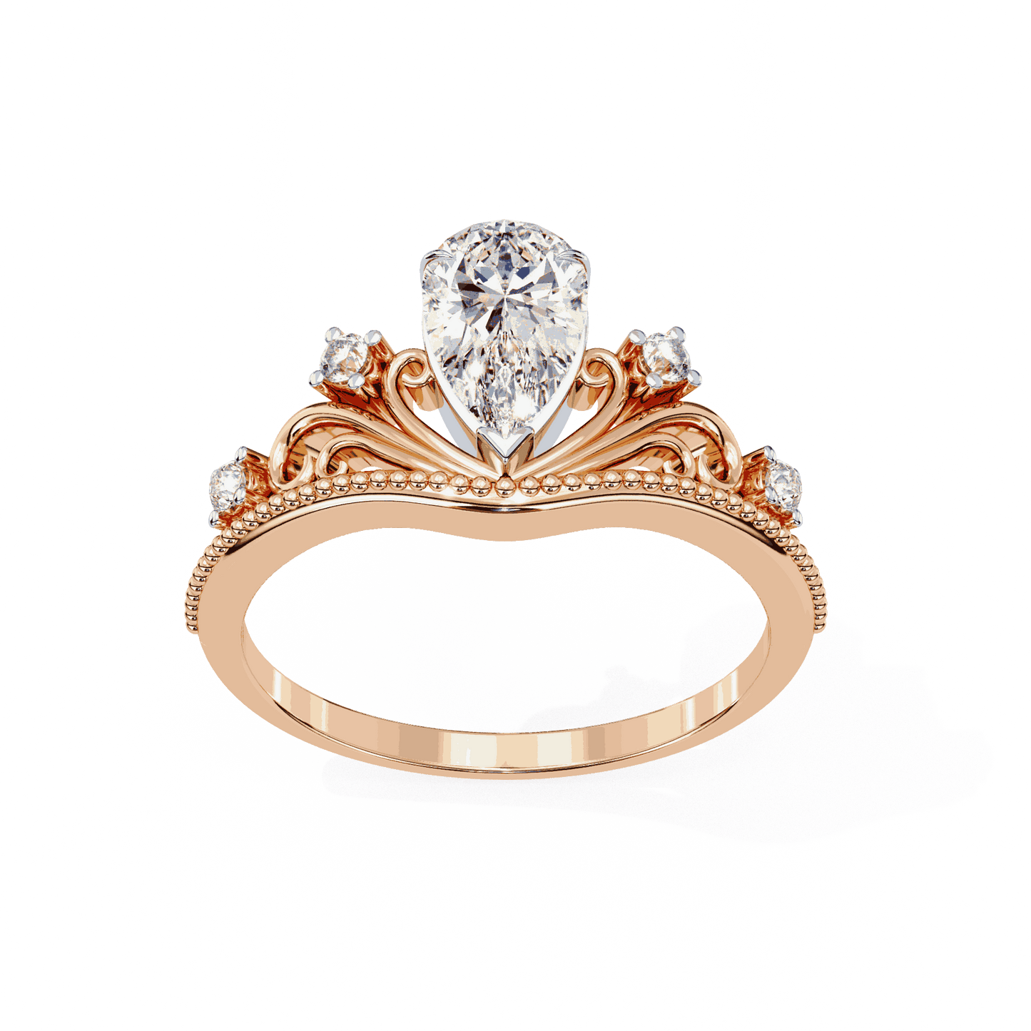 Pear Cut Lab Grown Diamond Side Stone Engagement Ring with Tiara Crown Filigree Band