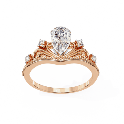 Pear Cut Lab Grown Diamond Side Stone Engagement Ring with Tiara Crown Filigree Band