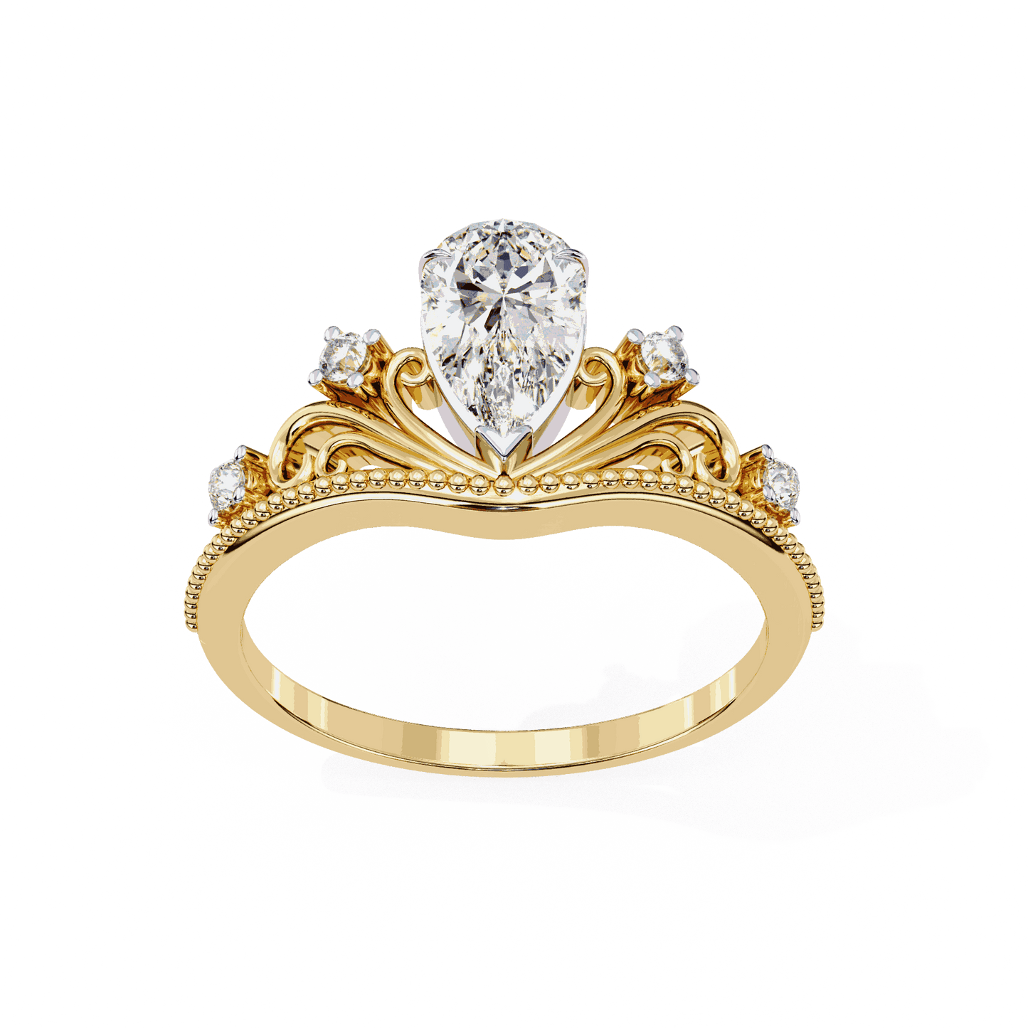 Pear Cut Lab Grown Diamond Side Stone Engagement Ring with Tiara Crown Filigree Band