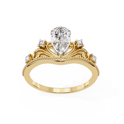 Pear Cut Lab Grown Diamond Side Stone Engagement Ring with Tiara Crown Filigree Band