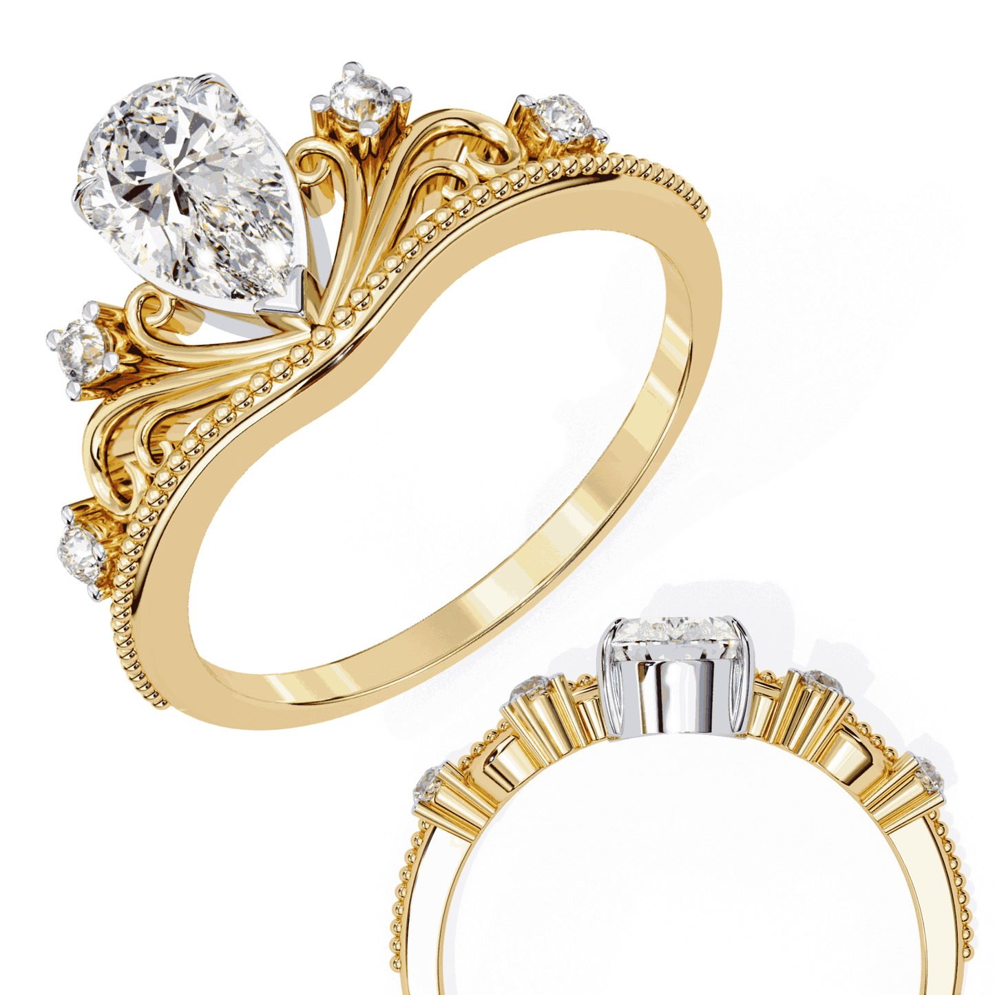 Pear Cut Lab Grown Diamond Side Stone Engagement Ring with Tiara Crown Filigree Band