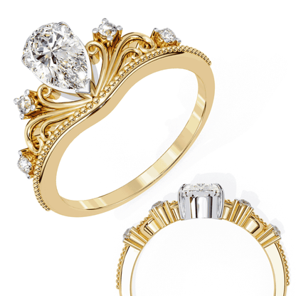 Pear Cut Lab Grown Diamond Side Stone Engagement Ring with Tiara Crown Filigree Band