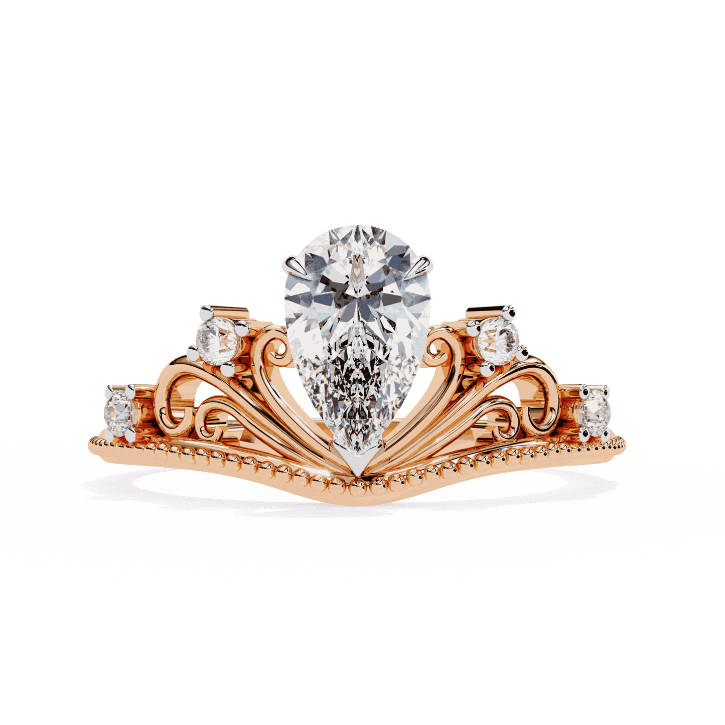 Pear Cut Lab Grown Diamond Side Stone Engagement Ring with Tiara Crown Filigree Band