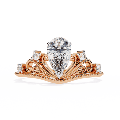 Pear Cut Lab Grown Diamond Side Stone Engagement Ring with Tiara Crown Filigree Band