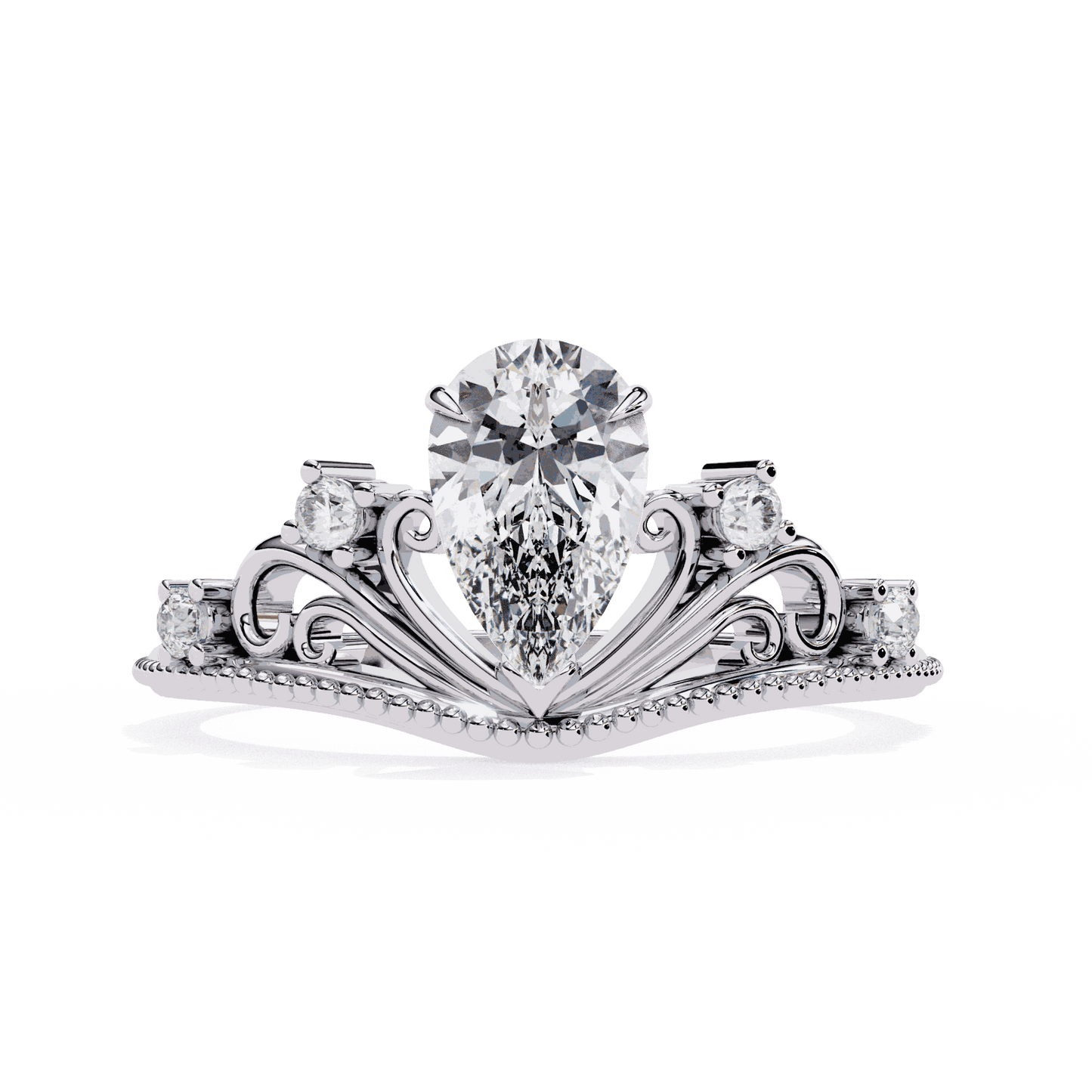 Pear Cut Lab Grown Diamond Side Stone Engagement Ring with Tiara Crown Filigree Band
