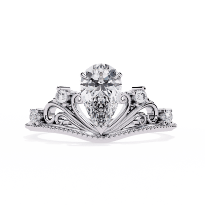 Pear Cut Lab Grown Diamond Side Stone Engagement Ring with Tiara Crown Filigree Band