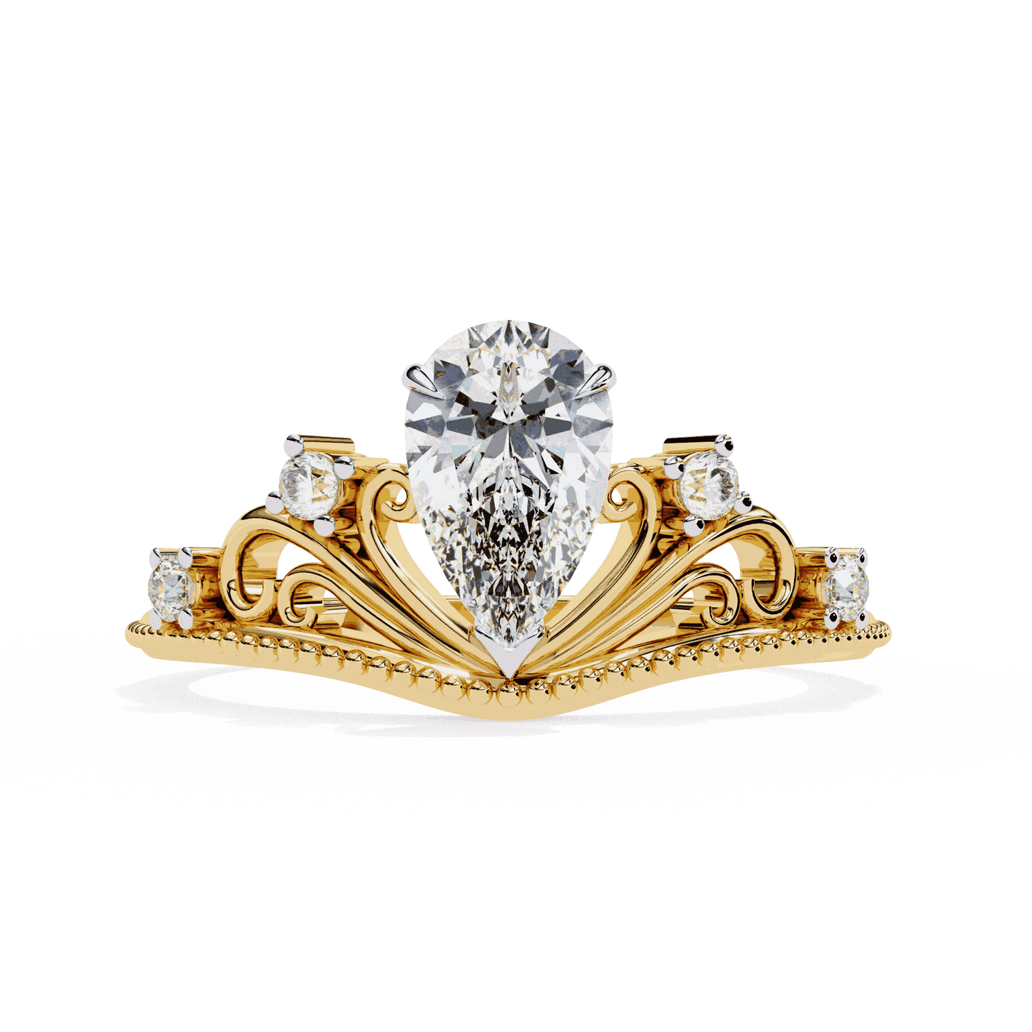 Pear Cut Lab Grown Diamond Side Stone Engagement Ring with Tiara Crown Filigree Band