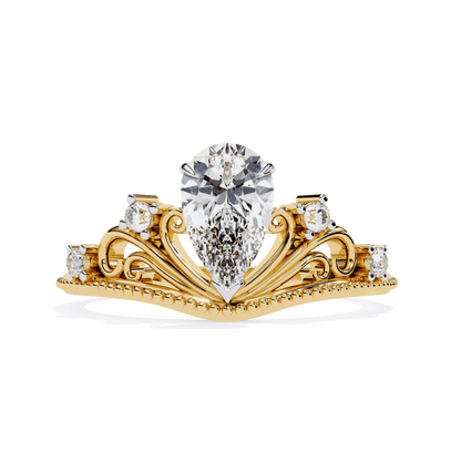 Pear Cut Lab Grown Diamond Side Stone Engagement Ring with Tiara Crown Filigree Band