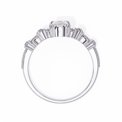 Pear Cut Lab Grown Diamond Side Stone Engagement Ring with Tiara Crown Filigree Band