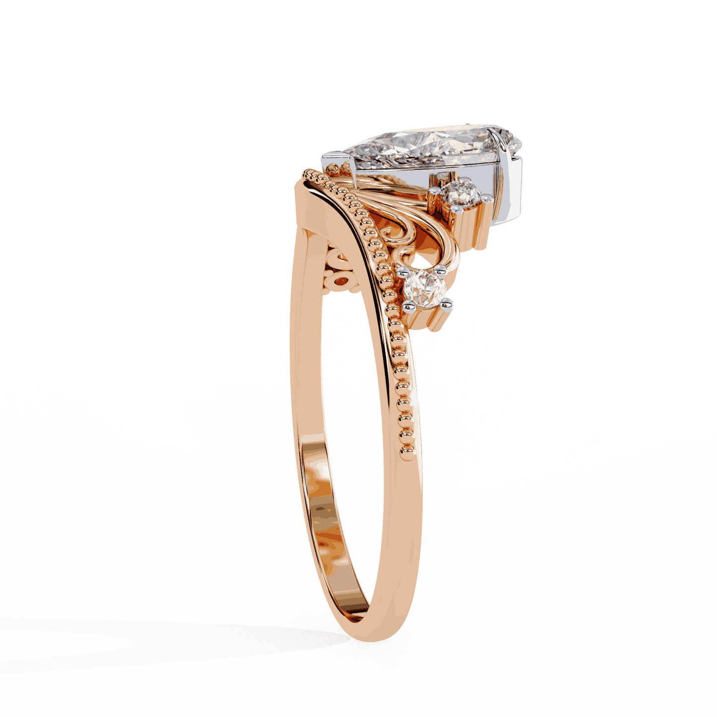 Pear Cut Lab Grown Diamond Side Stone Engagement Ring with Tiara Crown Filigree Band