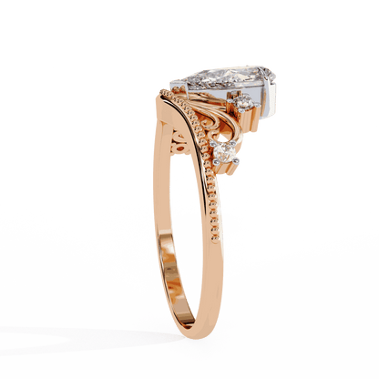 Pear Cut Lab Grown Diamond Side Stone Engagement Ring with Tiara Crown Filigree Band