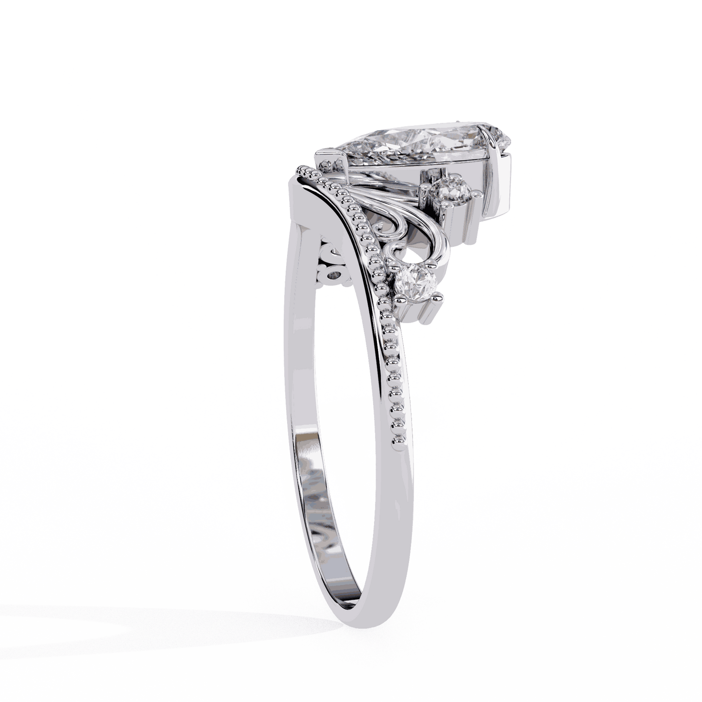 Pear Cut Lab Grown Diamond Side Stone Engagement Ring with Tiara Crown Filigree Band