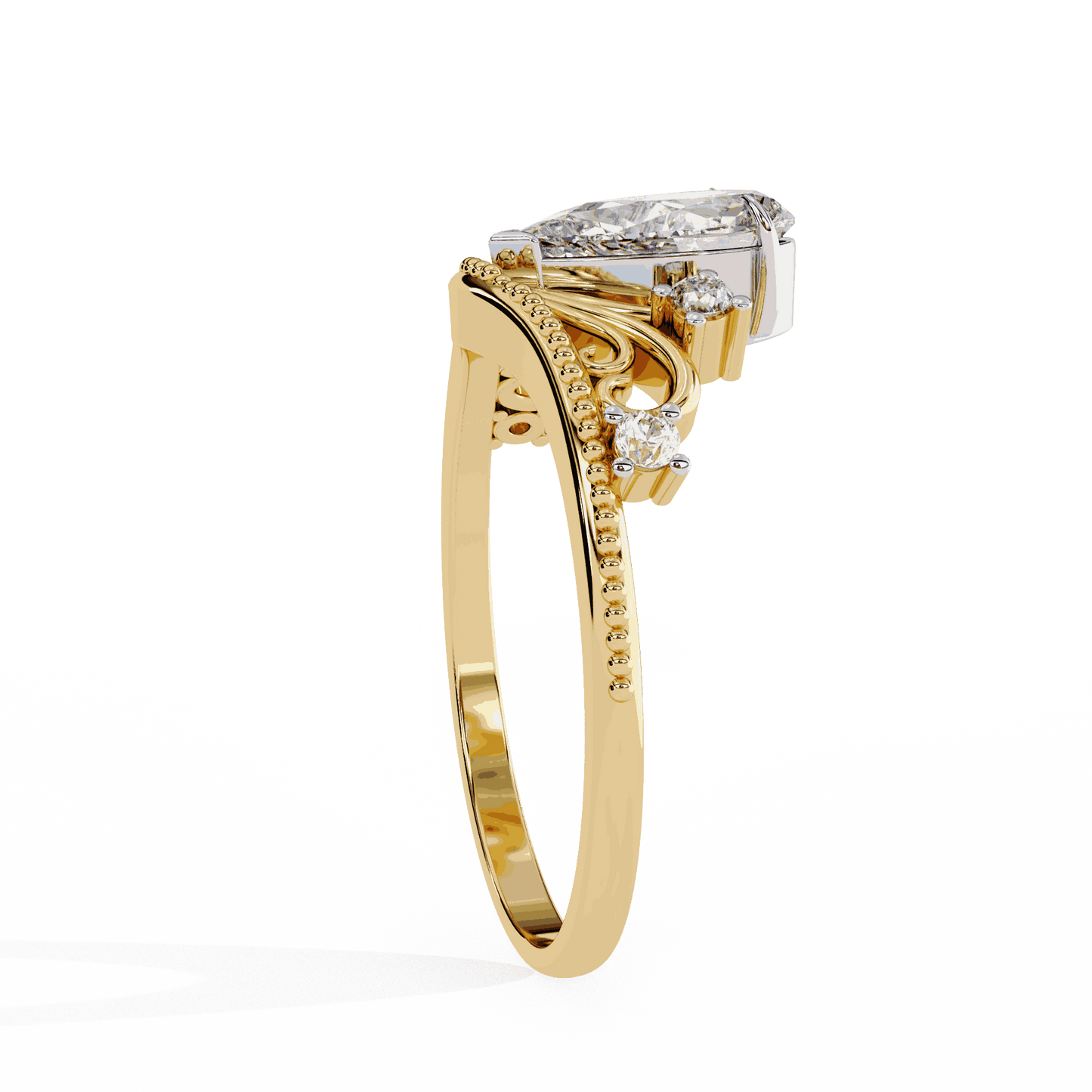 Pear Cut Lab Grown Diamond Side Stone Engagement Ring with Tiara Crown Filigree Band