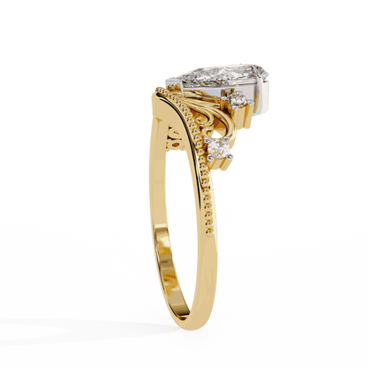 Pear Cut Lab Grown Diamond Side Stone Engagement Ring with Tiara Crown Filigree Band