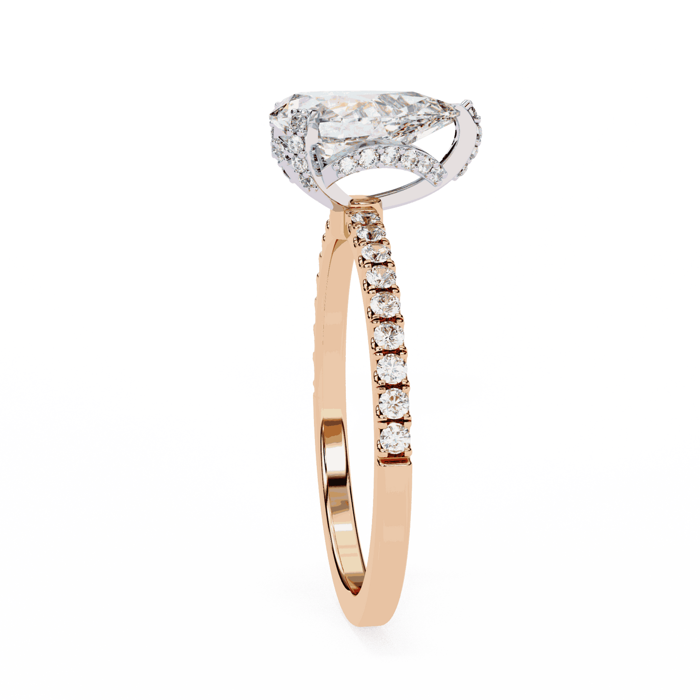 Pear Cut Lab Grown Diamond Solitaire Engagement Ring with Hidden Halo and Pave Band