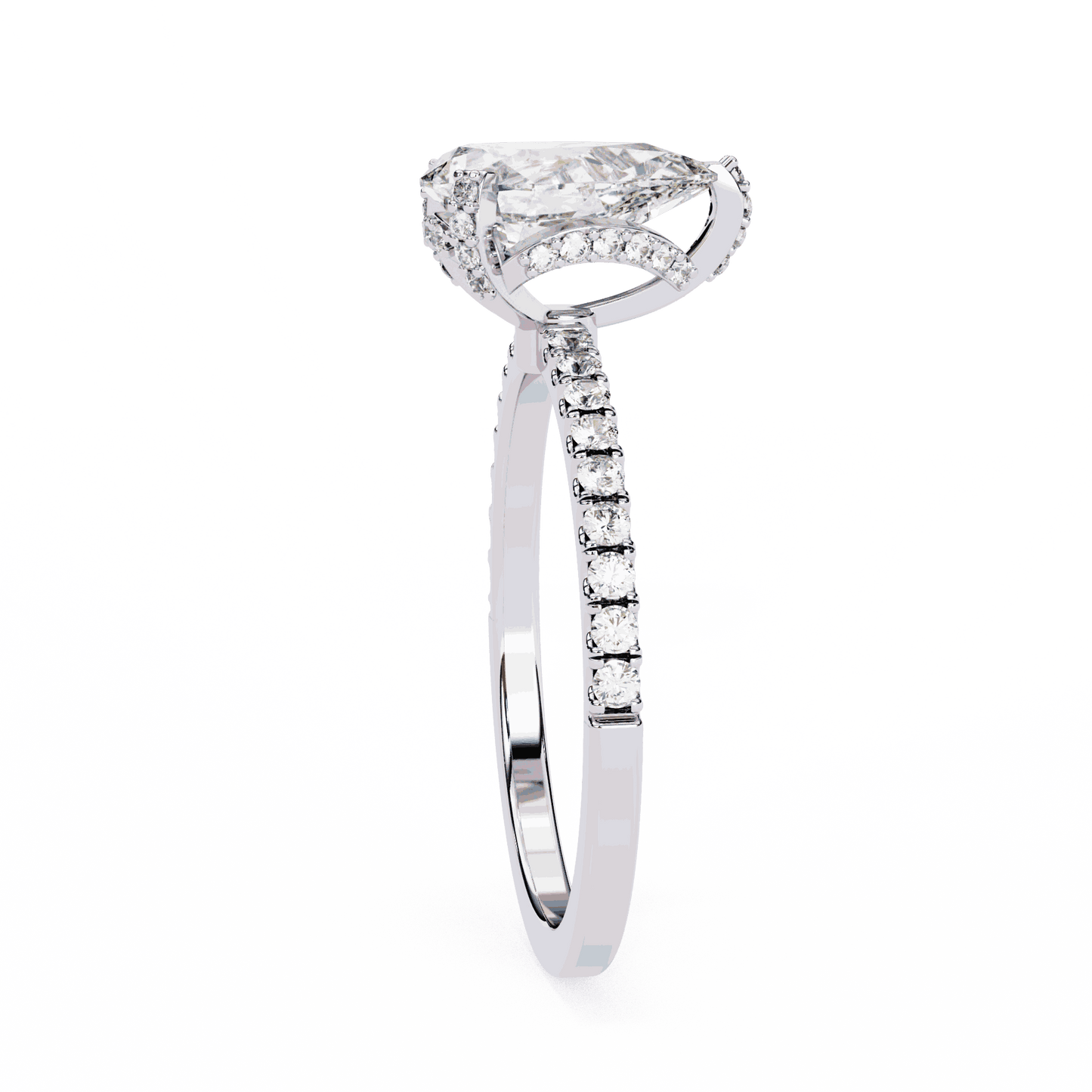 Pear Cut Lab Grown Diamond Solitaire Engagement Ring with Hidden Halo and Pave Band
