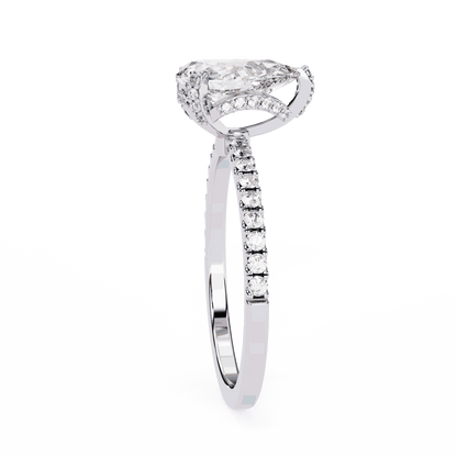 Pear Cut Lab Grown Diamond Solitaire Engagement Ring with Hidden Halo and Pave Band