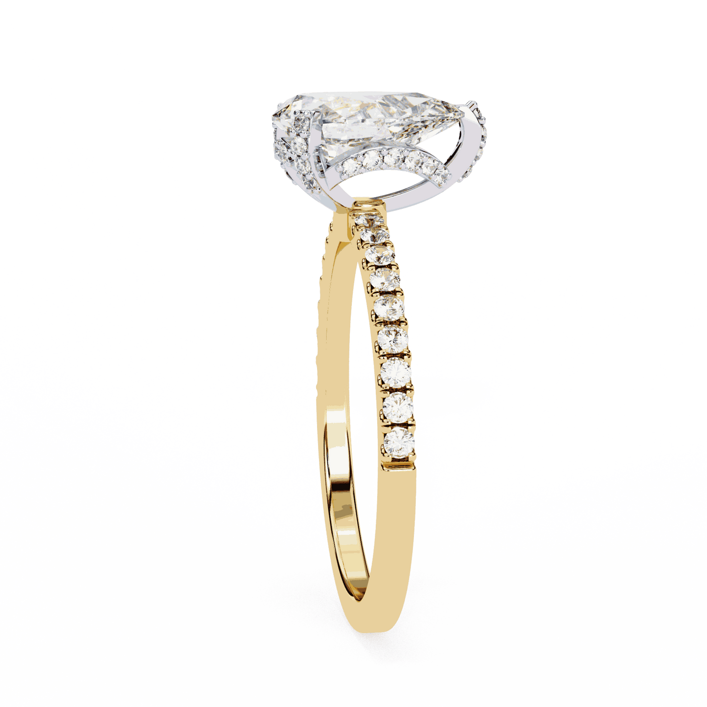 Pear Cut Lab Grown Diamond Solitaire Engagement Ring with Hidden Halo and Pave Band
