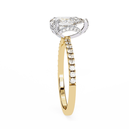Pear Cut Lab Grown Diamond Solitaire Engagement Ring with Hidden Halo and Pave Band