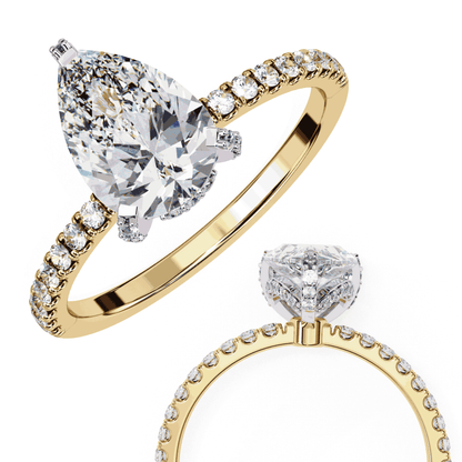 Pear Cut Lab Grown Diamond Solitaire Engagement Ring with Hidden Halo and Pave Band