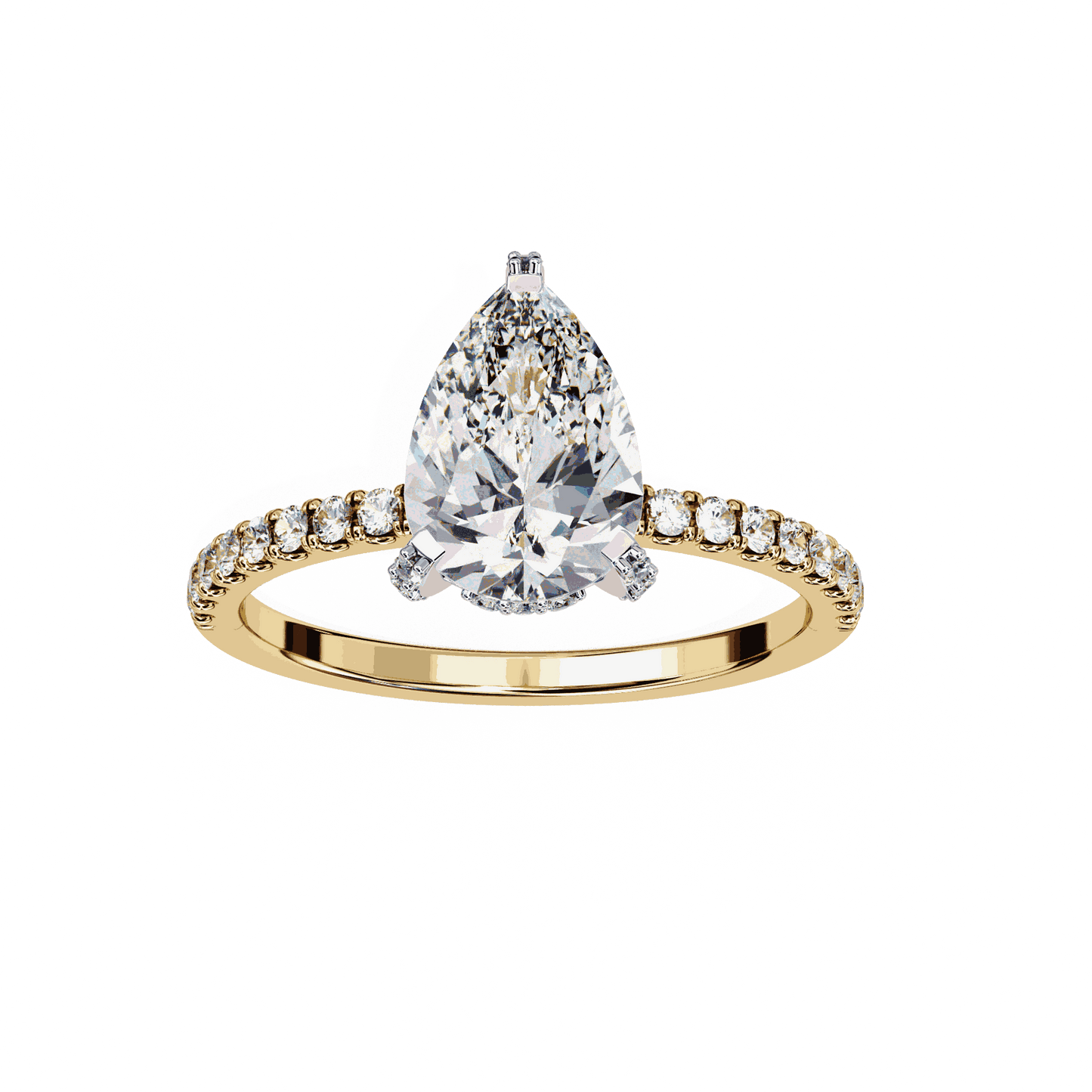Pear Cut Lab Grown Diamond Solitaire Engagement Ring with Hidden Halo and Pave Band