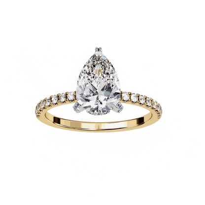 Pear Cut Lab Grown Diamond Solitaire Engagement Ring with Hidden Halo and Pave Band
