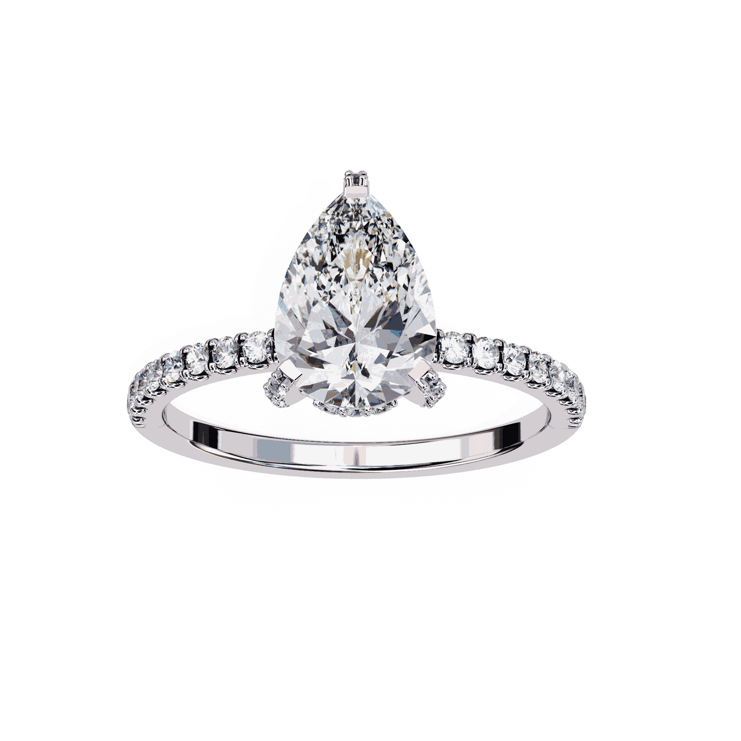 Pear Cut Lab Grown Diamond Solitaire Engagement Ring with Hidden Halo and Pave Band