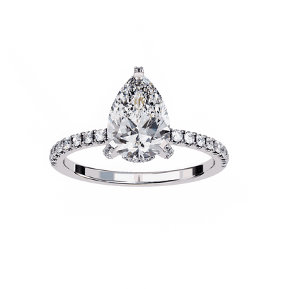 Pear Cut Lab Grown Diamond Solitaire Engagement Ring with Hidden Halo and Pave Band