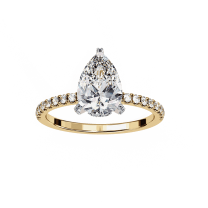 Pear Cut Lab Grown Diamond Solitaire Engagement Ring with Hidden Halo and Pave Band