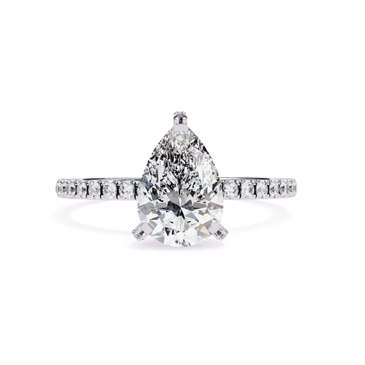 Pear Cut Lab Grown Diamond Solitaire Engagement Ring with Hidden Halo and Pave Band