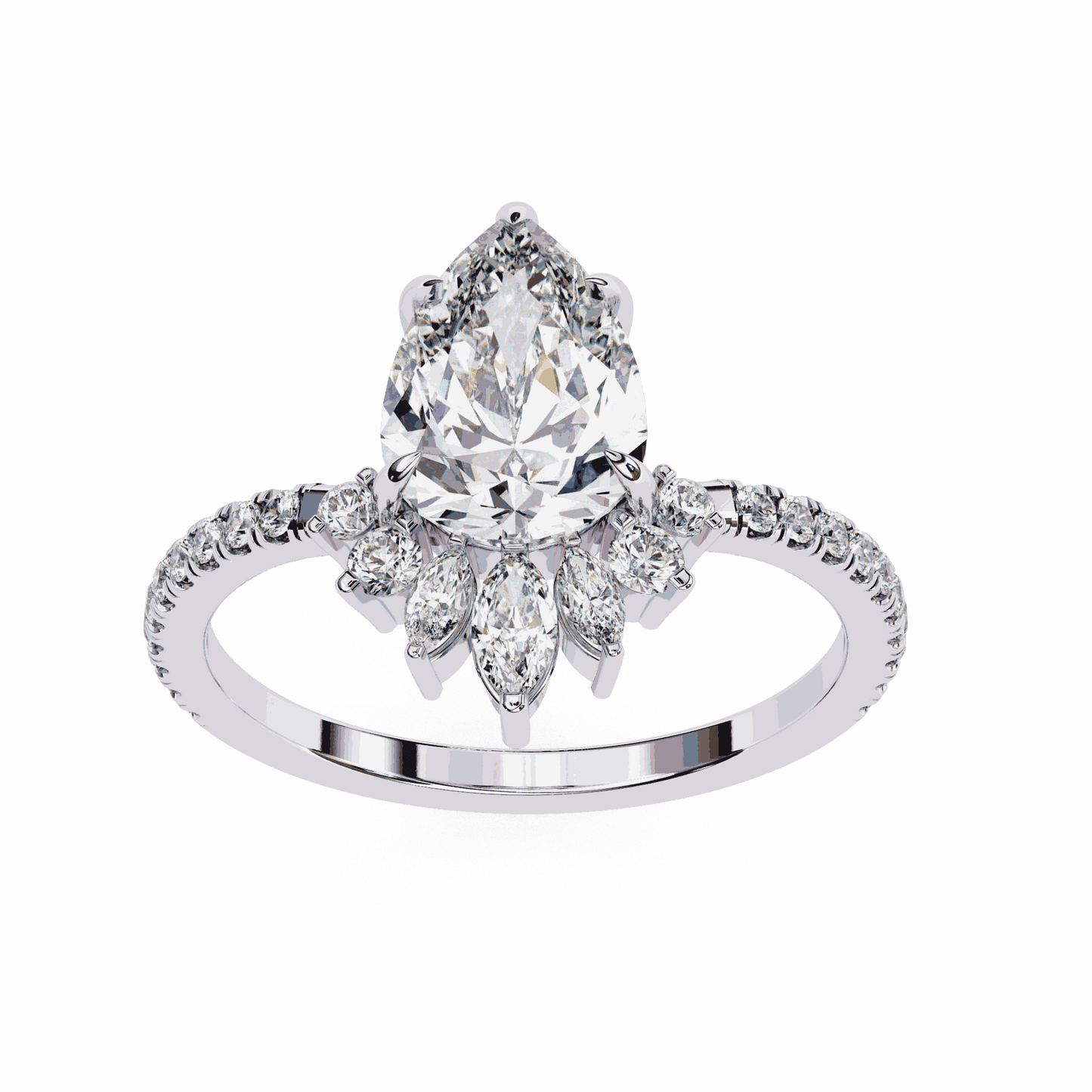 Pear Cut Lab Grown Diamond Cluster Engagement Ring with Marquise and Round Crown Accents