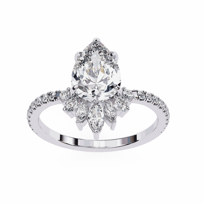 Pear Cut Lab Grown Diamond Cluster Engagement Ring with Marquise and Round Crown Accents