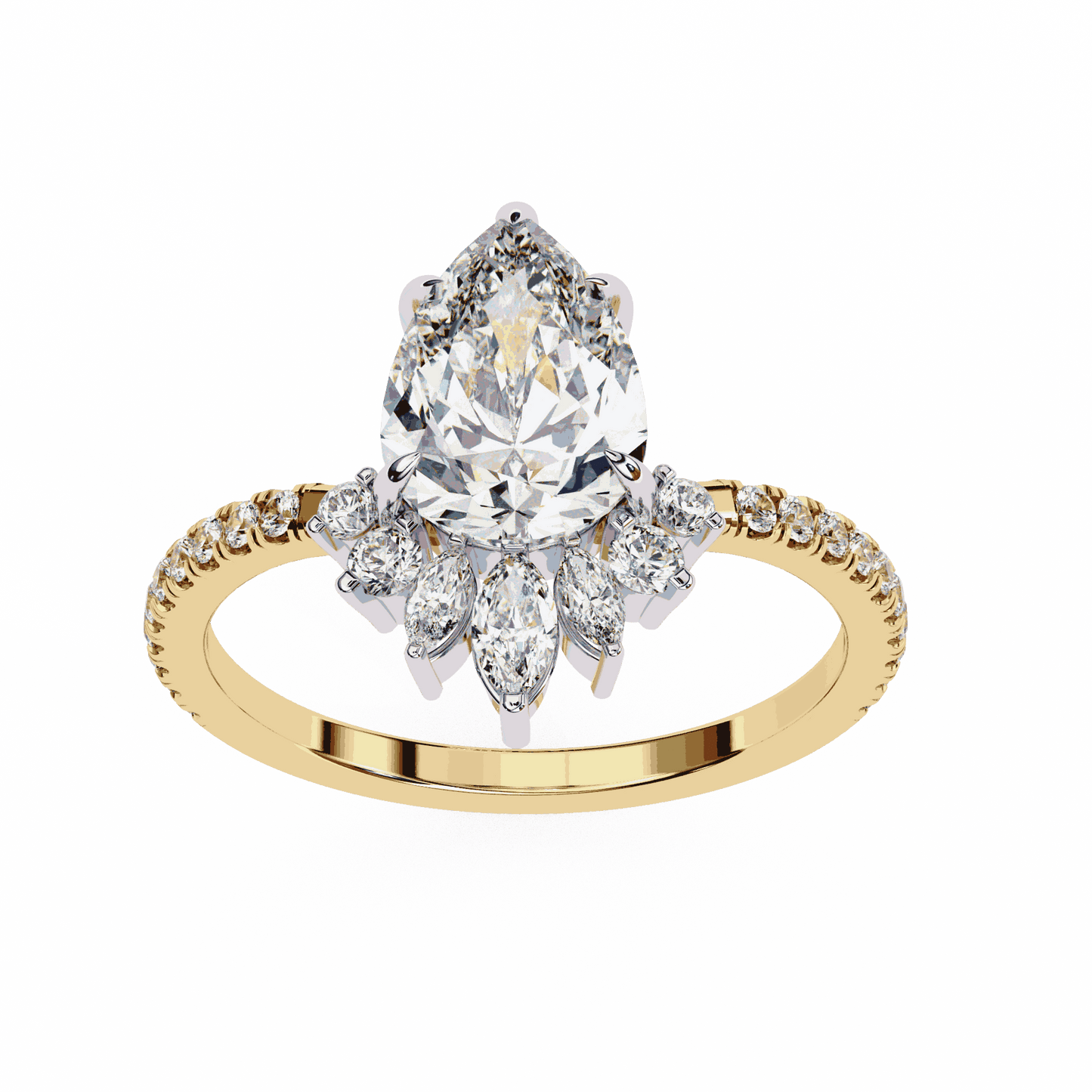 Pear Cut Lab Grown Diamond Cluster Engagement Ring with Marquise and Round Crown Accents