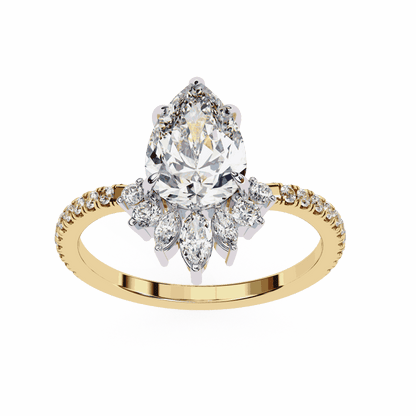 Pear Cut Lab Grown Diamond Cluster Engagement Ring with Marquise and Round Crown Accents