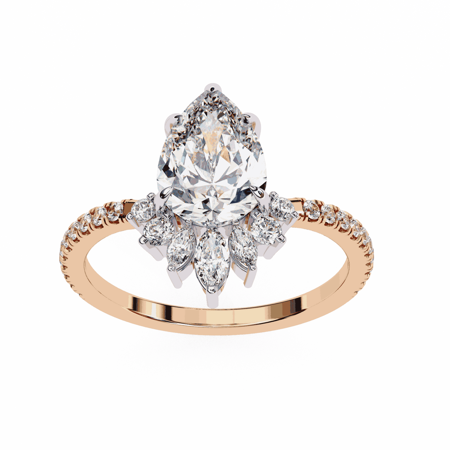 Pear Cut Lab Grown Diamond Cluster Engagement Ring with Marquise and Round Crown Accents