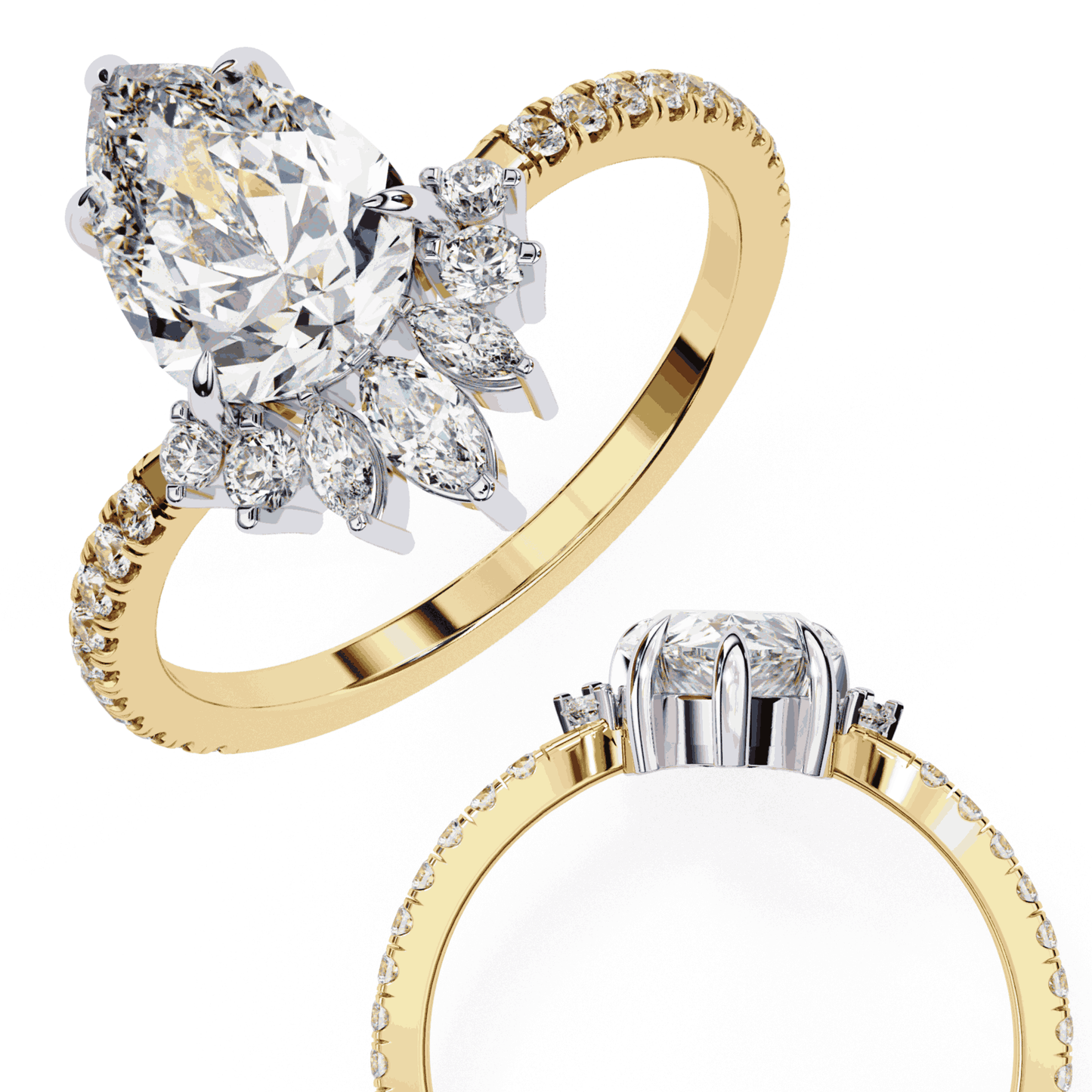 Pear Cut Lab Grown Diamond Cluster Engagement Ring with Marquise and Round Crown Accents