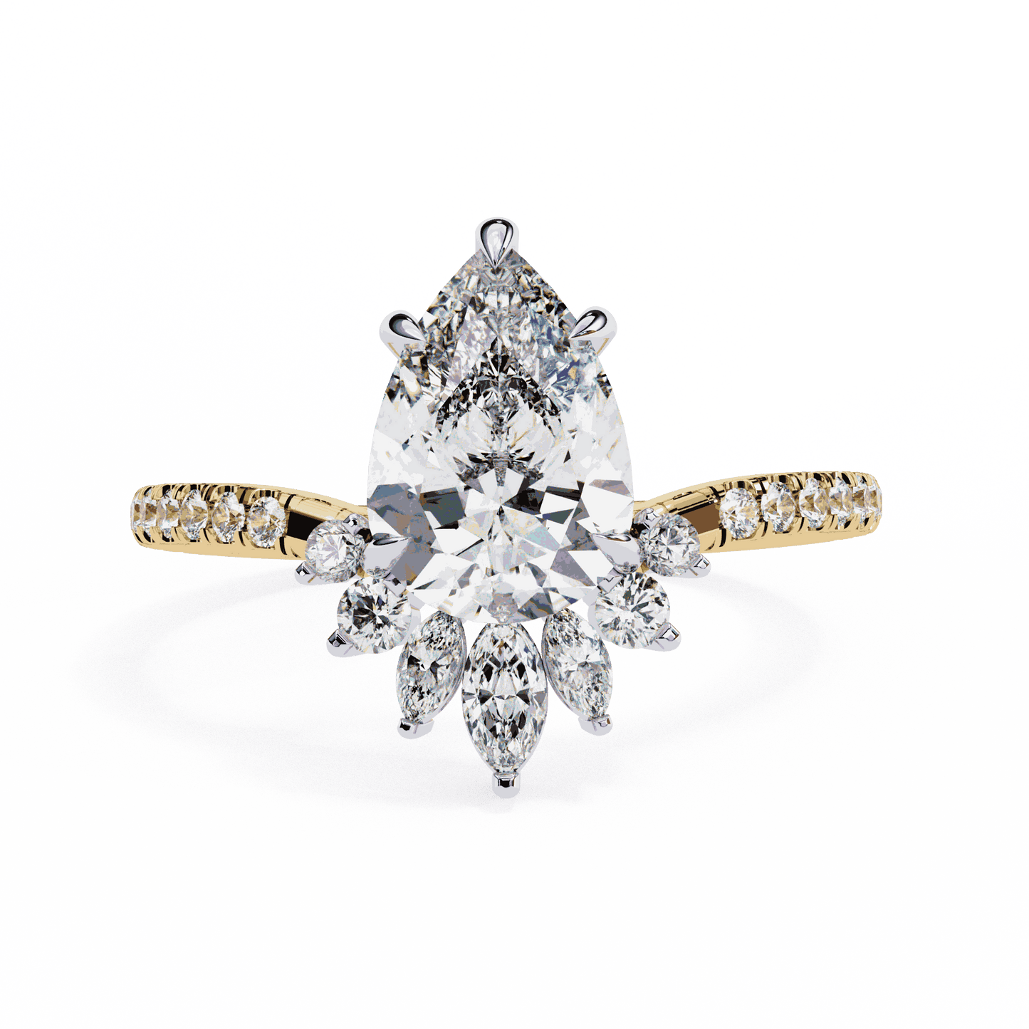 Pear Cut Lab Grown Diamond Cluster Engagement Ring with Marquise and Round Crown Accents