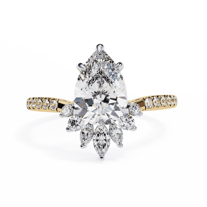 Pear Cut Lab Grown Diamond Cluster Engagement Ring with Marquise and Round Crown Accents