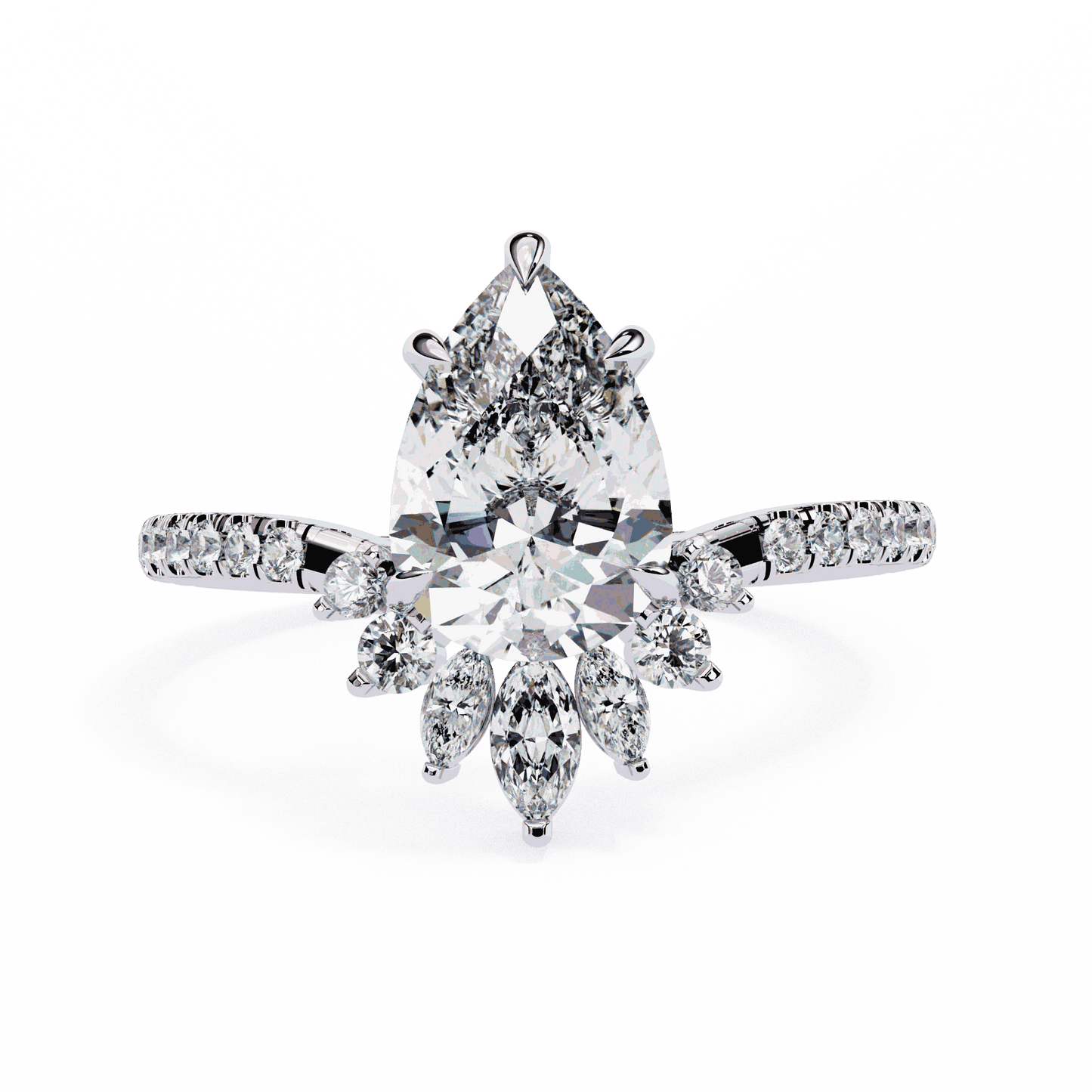 Pear Cut Lab Grown Diamond Cluster Engagement Ring with Marquise and Round Crown Accents