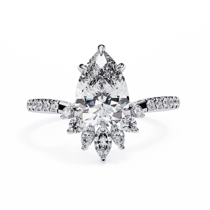Pear Cut Lab Grown Diamond Cluster Engagement Ring with Marquise and Round Crown Accents