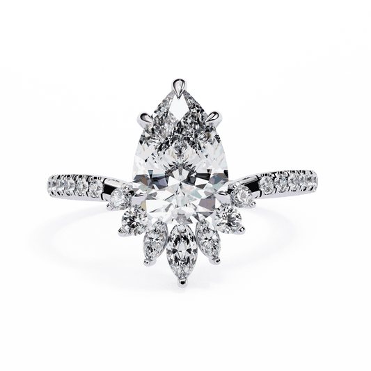 Pear Cut Lab Grown Diamond Cluster Engagement Ring with Marquise and Round Crown Accents
