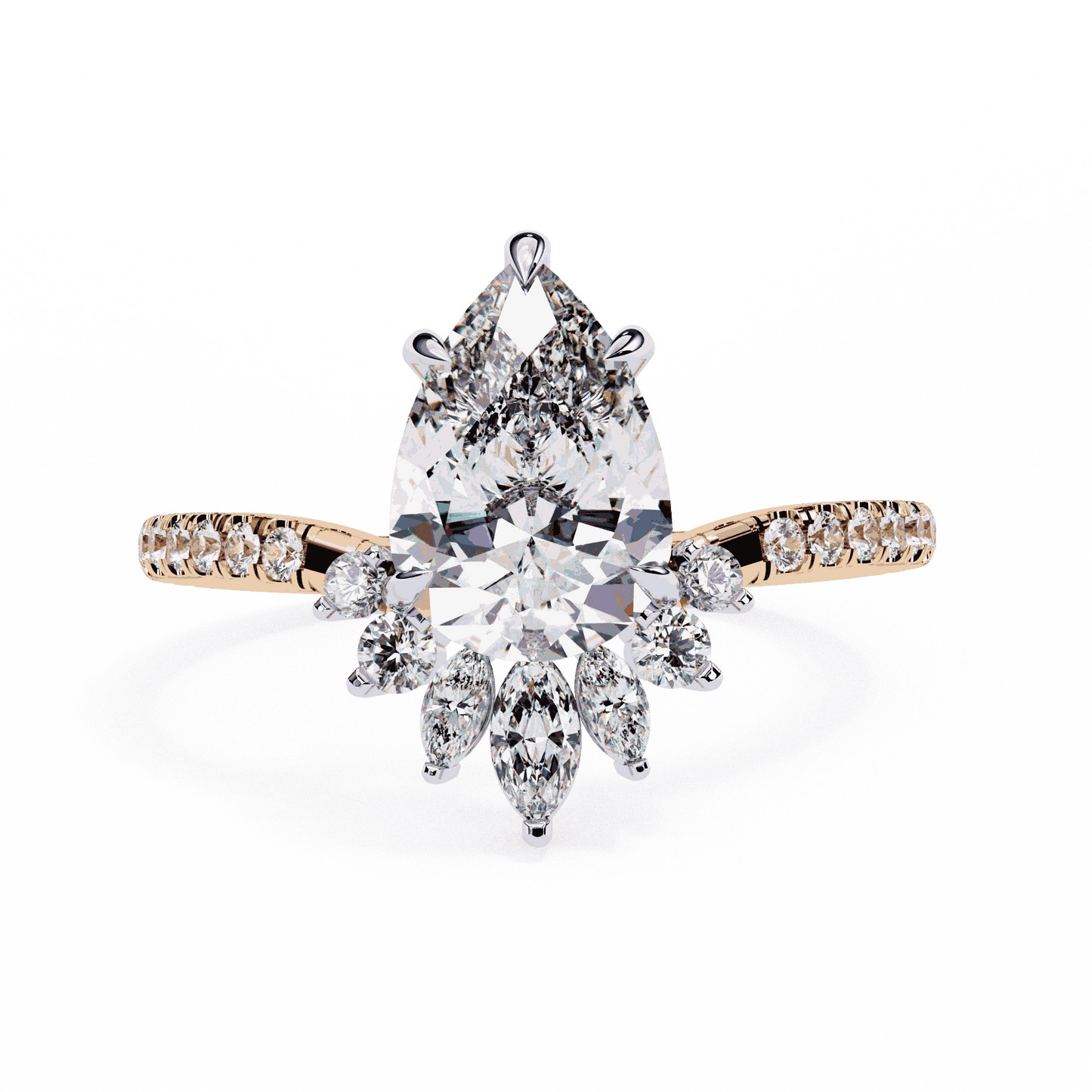 Pear Cut Lab Grown Diamond Cluster Engagement Ring with Marquise and Round Crown Accents