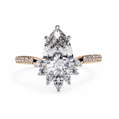 Pear Cut Lab Grown Diamond Cluster Engagement Ring with Marquise and Round Crown Accents