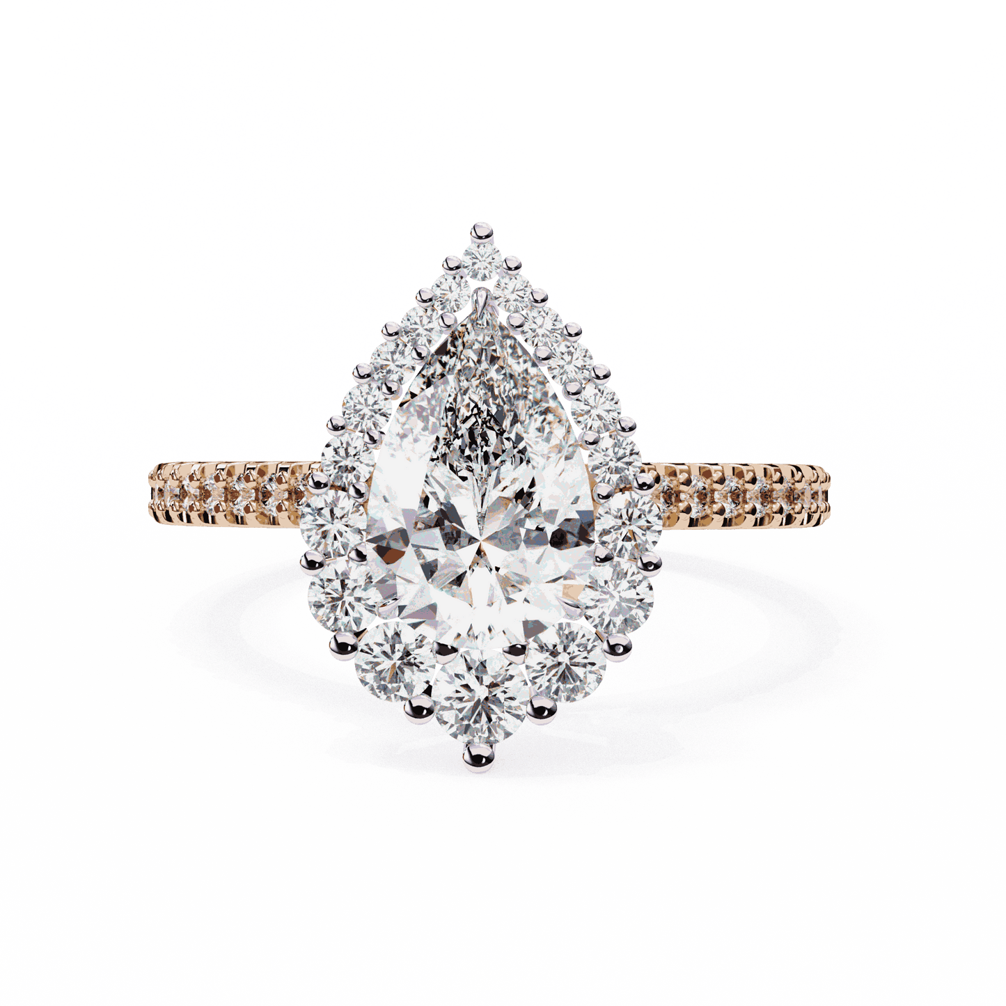Pear Cut Lab Grown Diamond Halo Engagement Ring with Graduated Vintage Halo and Pave Band