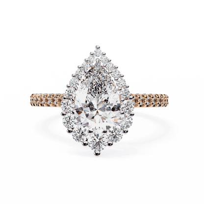 Pear Cut Lab Grown Diamond Halo Engagement Ring with Graduated Vintage Halo and Pave Band