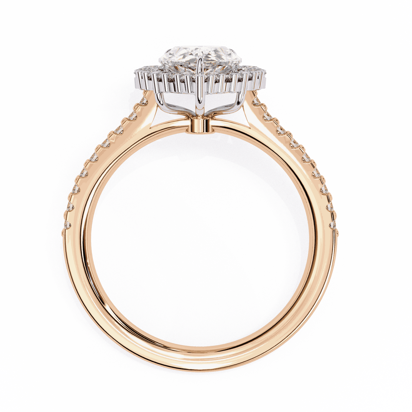Pear Cut Lab Grown Diamond Halo Engagement Ring with Graduated Vintage Halo and Pave Band