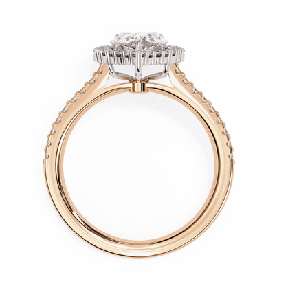 Pear Cut Lab Grown Diamond Halo Engagement Ring with Graduated Vintage Halo and Pave Band